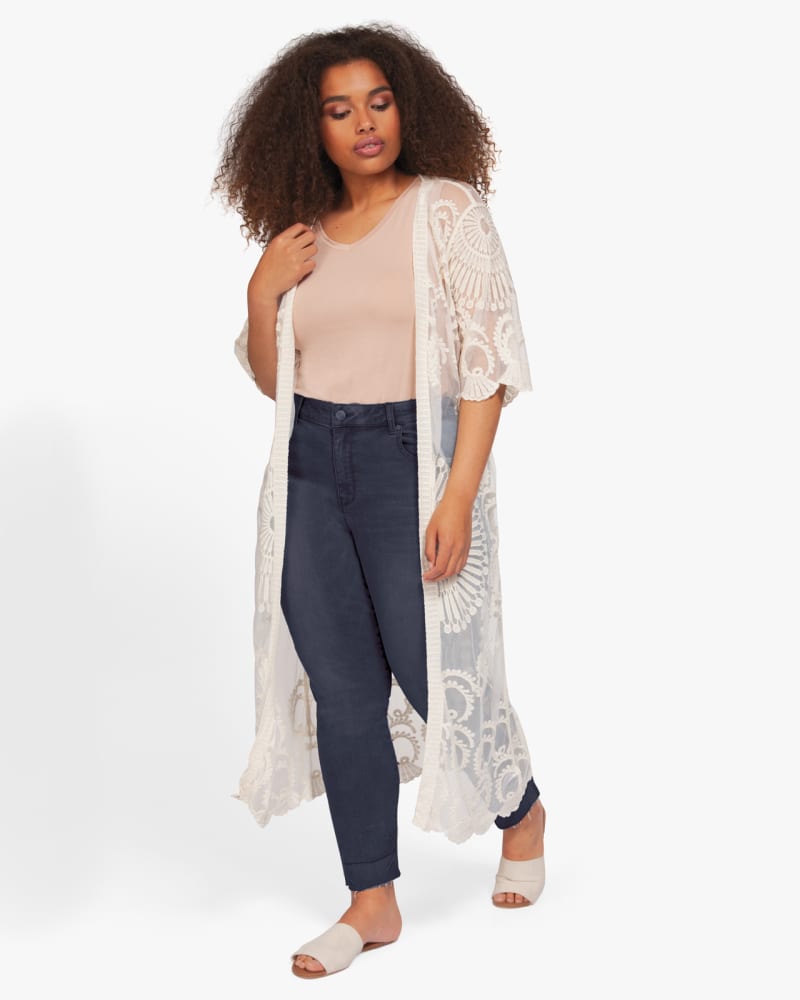 Plus size model wearing Amari Embroidered Kimono by Dex Plus | Dia&Co | dia_product_style_image_id:131105